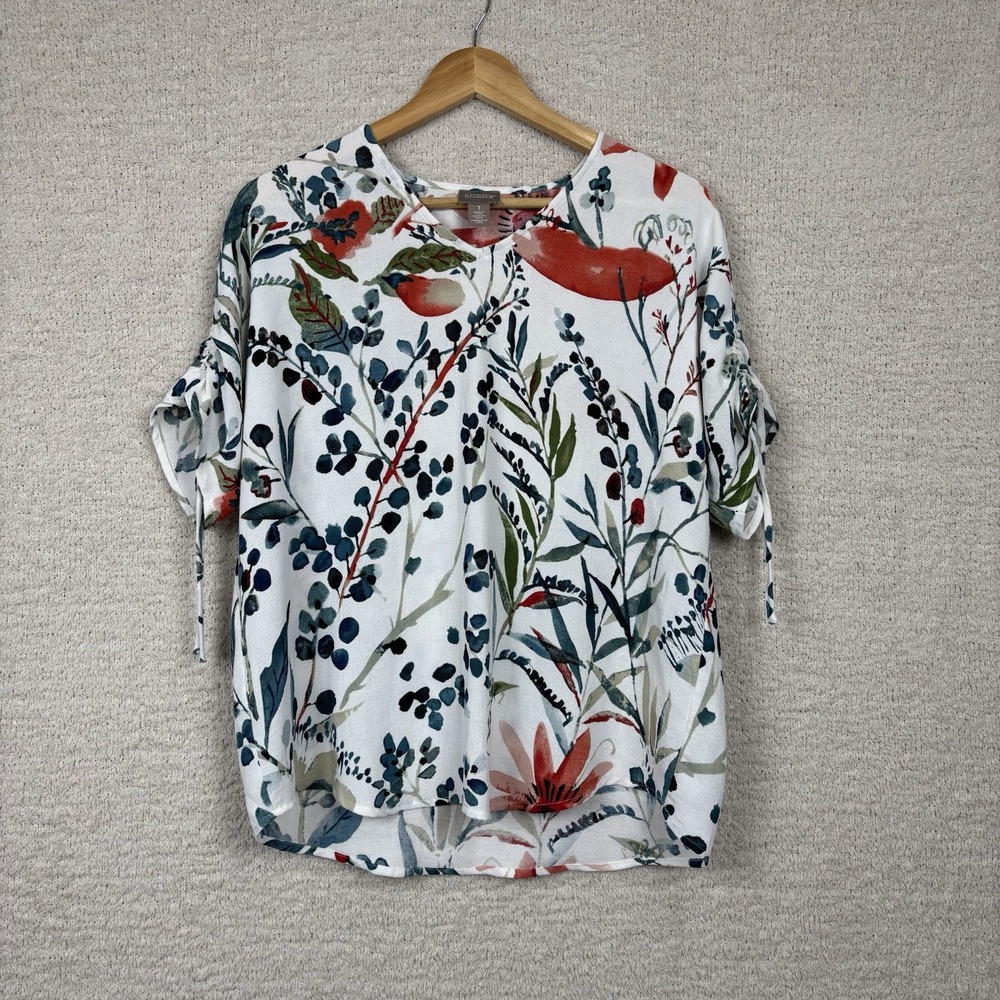 Chicos Top Womens 1 Med Floral Lightweight Cinch Sleeve Pull Over Beach Coastal